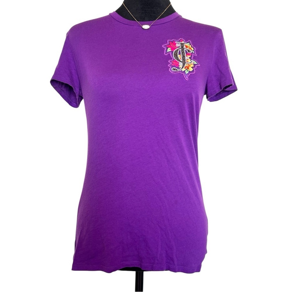 Juicy Couture Woman’s Small Purple Embroidered Floral Rhinestone Detail T-Shirt